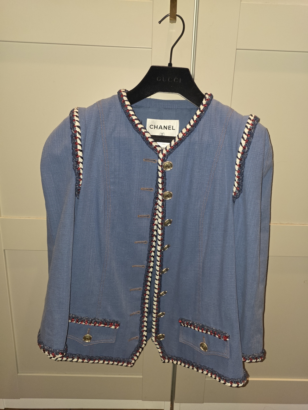 CHANEL Light Blue Tweed Braided-Trim Jacket with Gold Buttons